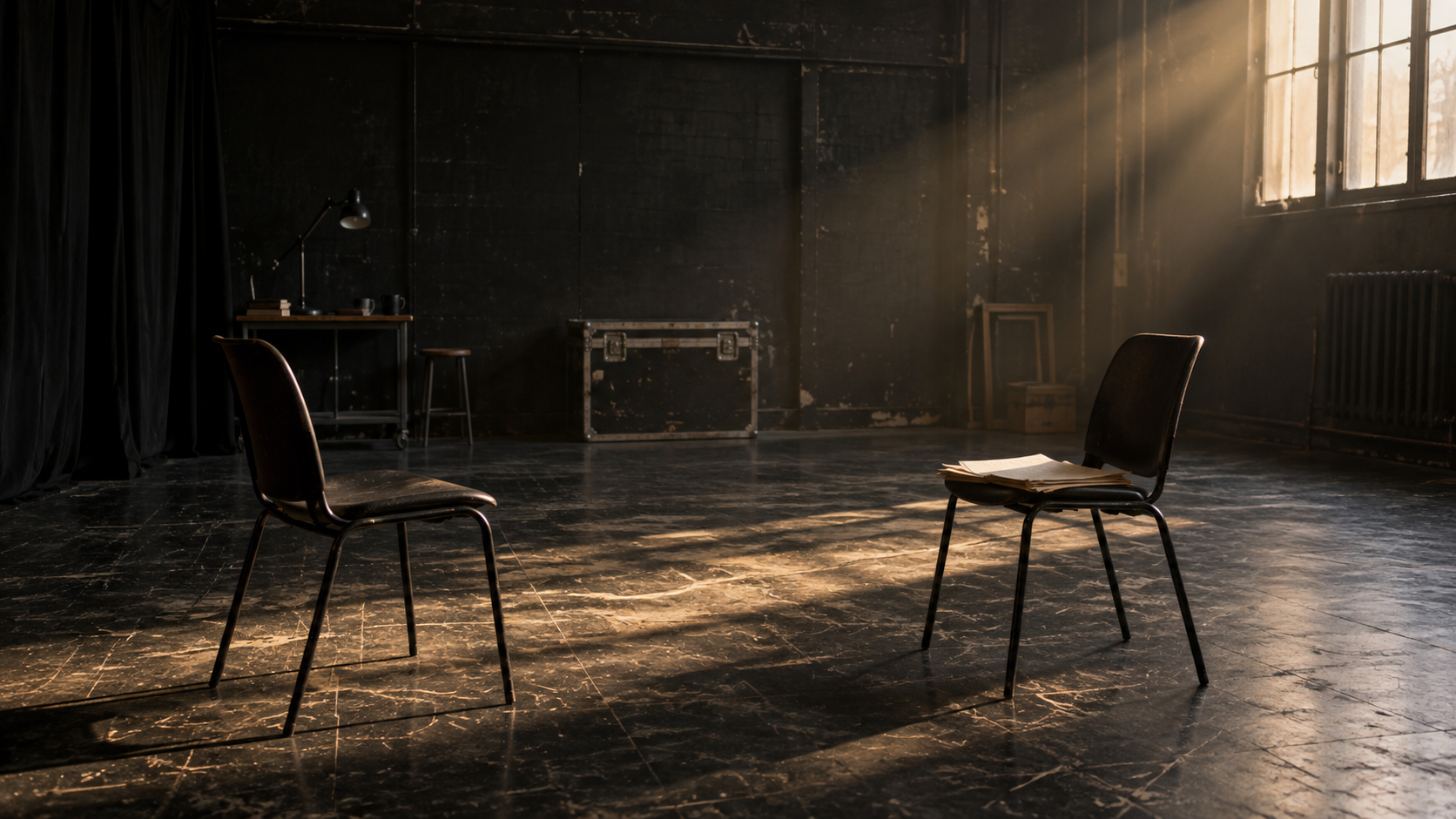 Illustrative rehearsal room with two chairs and script pages in afternoon light