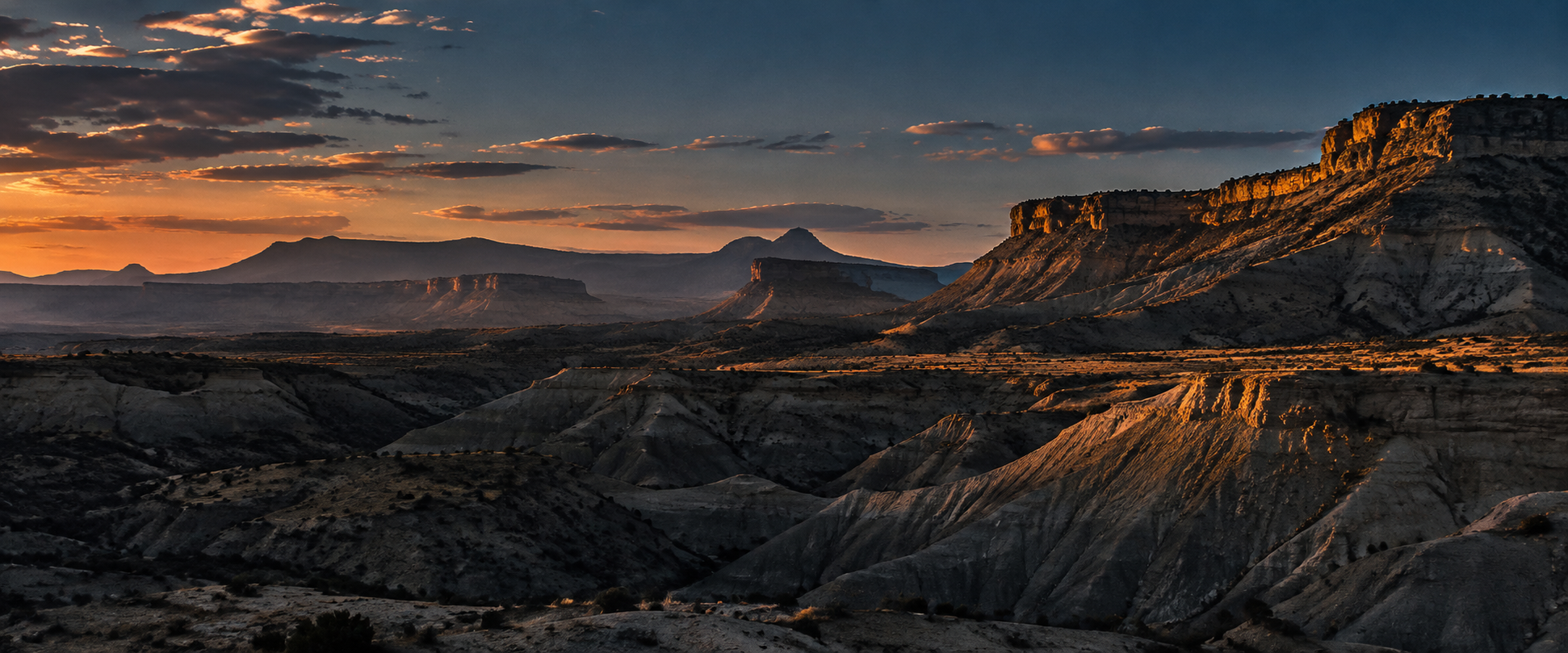 Illustrative Southwest badlands beneath a blue evening sky