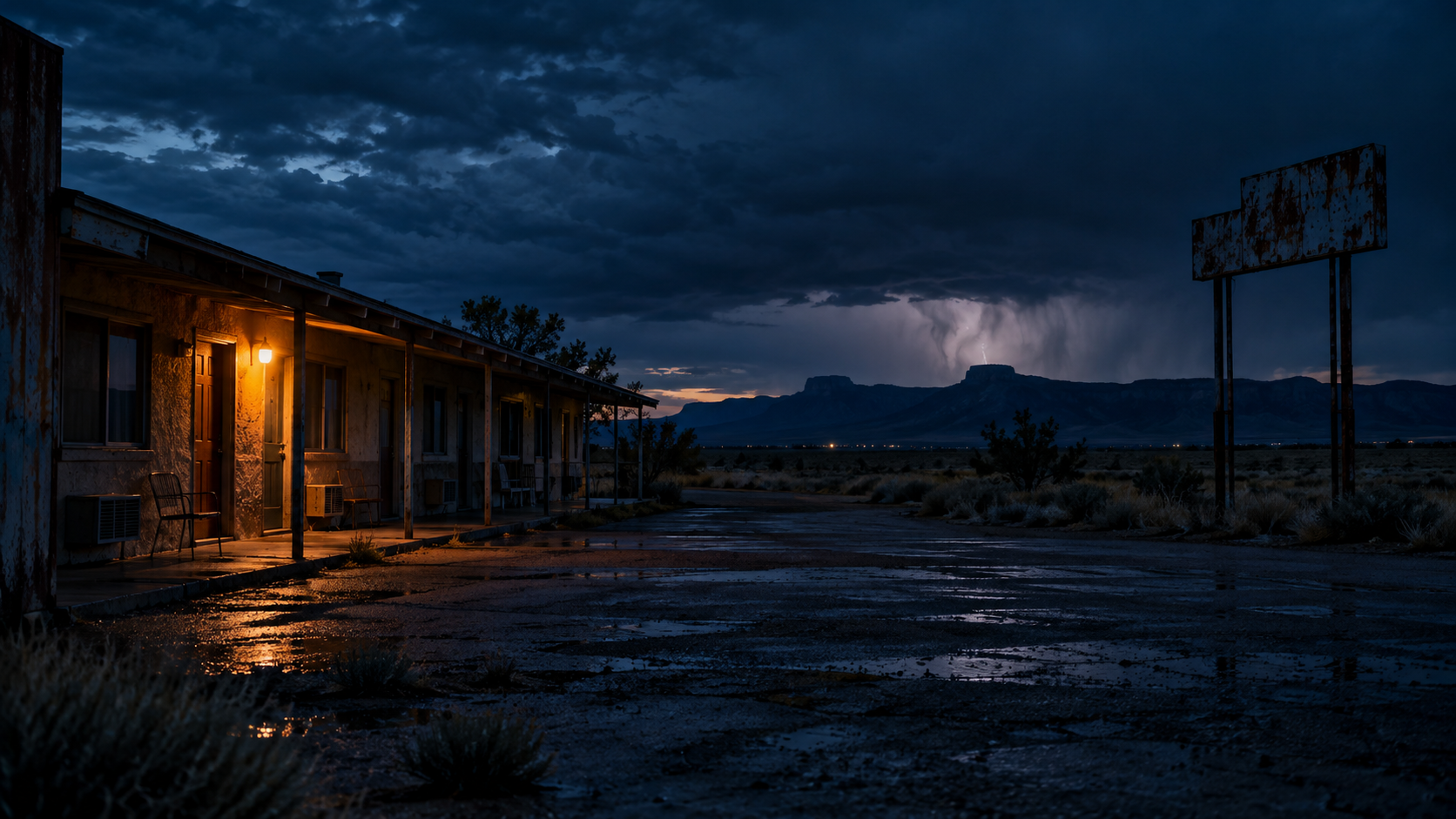 Illustrative high-desert motel beneath a gathering storm